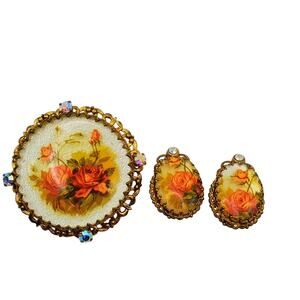 Floral Brooch & Clip Earrings West Germany Rose AB Rhinestone Gold Filigree Vtg